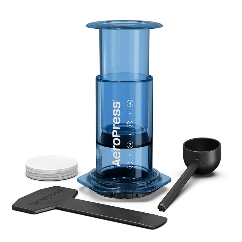 AeroPress Clear Kaffeebereiter blau aus transparentem Kunststoff