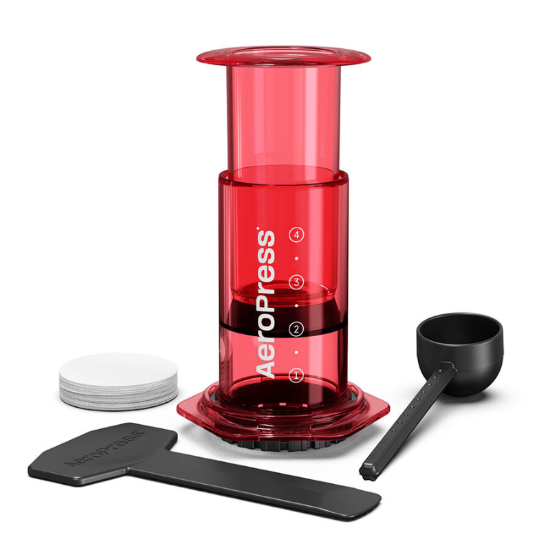 AeroPress Clear Kaffeebereiter rot aus transparentem Kunststoff