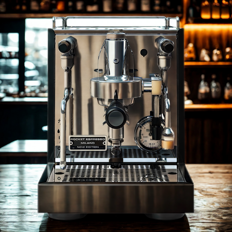 Neue Rocket Espressomaschine in Schwarz, zweite Ansicht der Premium-Kaffeemaschine